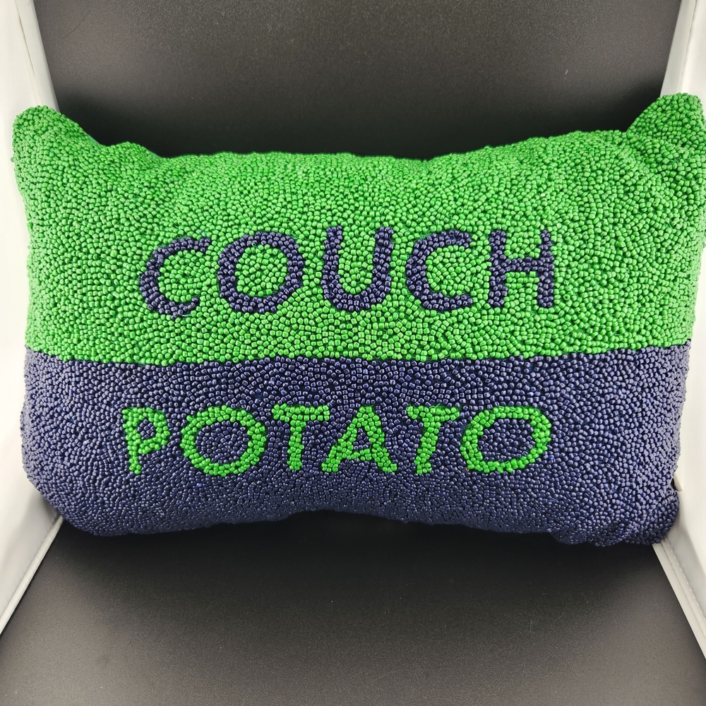 Kate Spade Target Green and Blue Decorative "Couch Potato" Beaded Pillow 12X18in